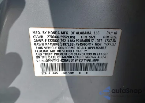 2010 Honda Pilot Lx z USA, uszkodzony, nr VIN 5FNYF3H20AB019420